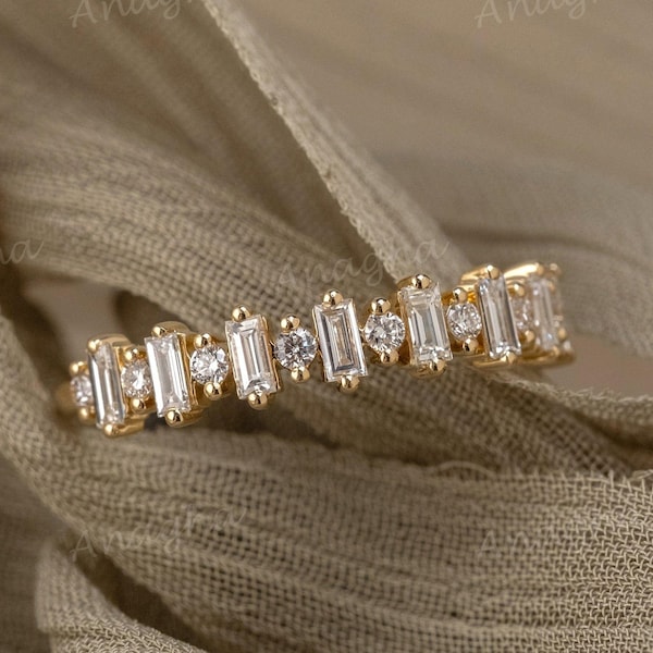 Baguette und rund Diamant Band - 14k Gelbgold Ehering - Stapeln Jubiläumsband - Elegantes feines Schmuck Geschenk für Sie
