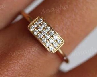 Round Cut Moissanite Diamond Pave Ring, Solid Gold Minimalist Engagement Ring, Modern Geometric Gold Ring for Women