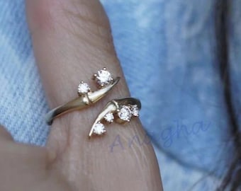 Anillo abierto de moissanita, anillo de oro macizo con derivación, anillo minimalista ajustable con aspecto de diamante, regalo para ella y mujer.