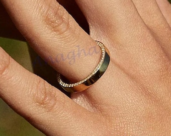 Gold Diamond Pavé Edge Band | Minimalist Wedding Ring for Women | Modern Eternity Band | Dainty Anniversary Jewelry | Stacking Ring