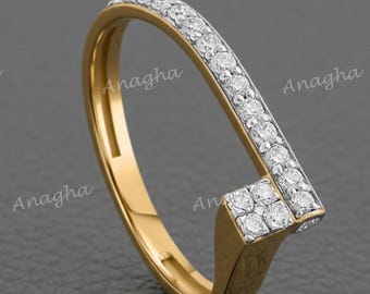 Geometric Moissanite Ring Solid Gold Modern Design, Unique Pave Diamond Band for Women, Minimal Gold Jewelry Christmas Gift