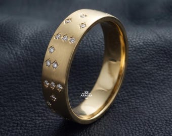 Anillo ancho de oro con moissanita dispersa, alianza de boda celestial para mujer, joyería de aniversario hecha a mano, engaste al ras, anillo apilable.
