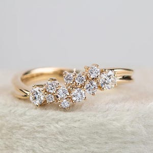 14k Gold Diamond Cluster Ring – Scattered Round Diamond Band – Unique Dainty Engagement Ring for Brides and Everyday Wear