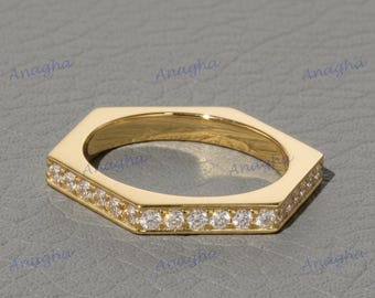 Hexagon Moissanite Band Solid Gold Geometric Stacking Ring Diamond Pave Unique Modern Band Gift For Her Minimalist Jewelry Christmas Ring