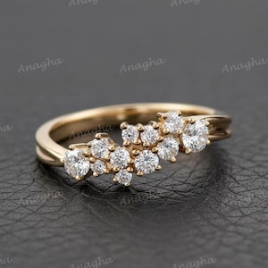 14k Gold Diamond Cluster Ring – Scattered Round Diamond Band – Unique Dainty Engagement Ring for Brides and Everyday Wear