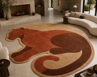 Hand Tufted Wool Cat Rug, Rust Orange Animal Rug, Custom Nursery Decor