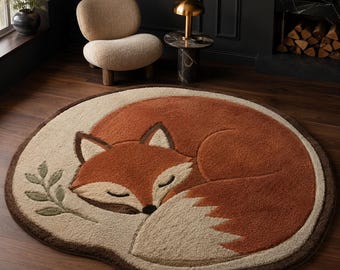 Sleeping Fox Wool Rug | Woodland Nursery, Kids Room Decor, Custom Round Carpet