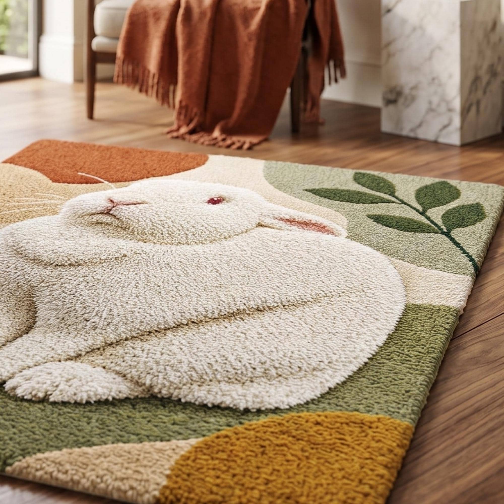 Hand Tufted Bunny Animal Rug | Custom Botanical Sage Carpet | Handmade ...