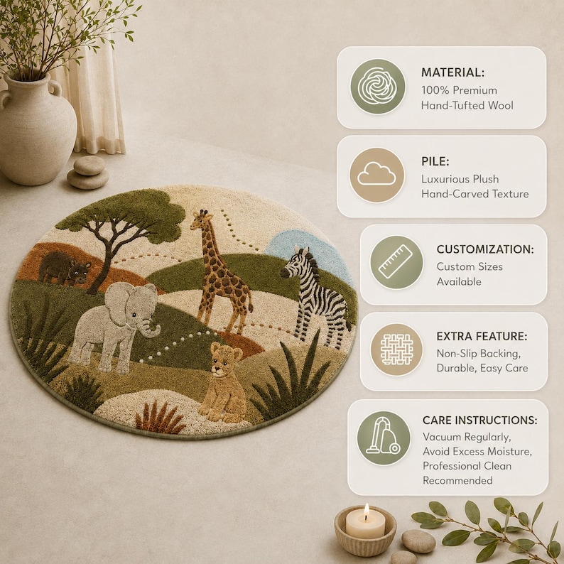 Round wool area rug hand-tufted with a safari scene of giraffes, zebras, an elephant, and acacia trees on a green and tan landscape.