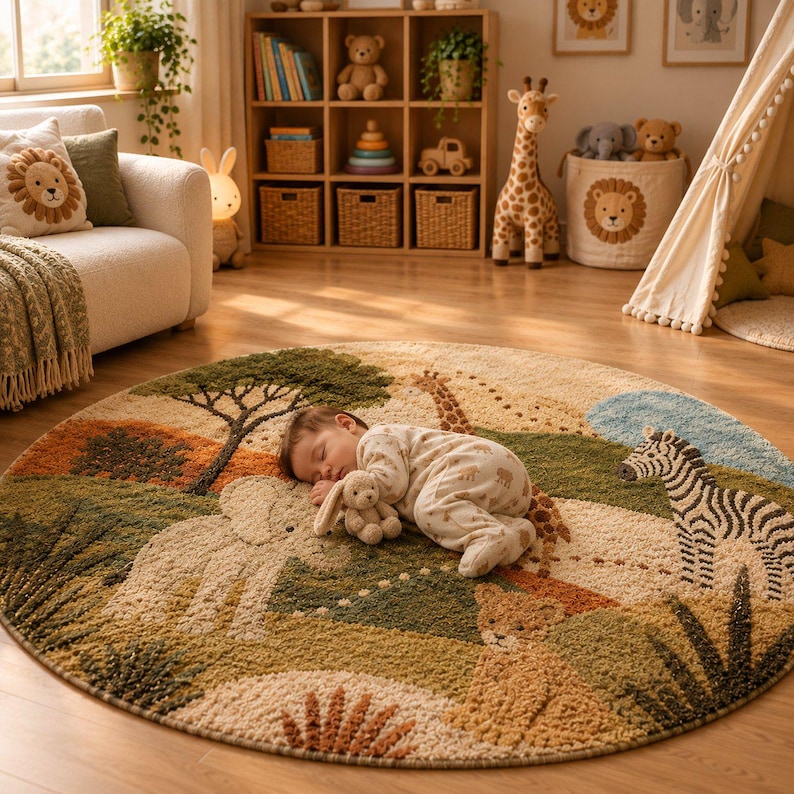 Round wool area rug hand-tufted with a safari scene of giraffes, zebras, an elephant, and acacia trees on a green and tan landscape.