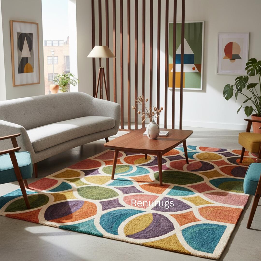 Periwinkle Modern Rug Colorful Mid-century Modern Area Rug | Abstract Geometric Circle Design ...