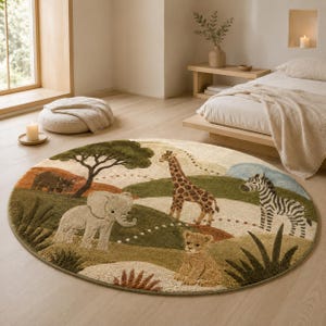 Round wool area rug hand-tufted with a safari scene of giraffes, zebras, an elephant, and acacia trees on a green and tan landscape.