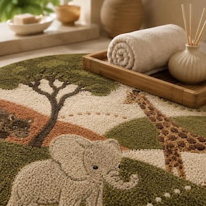 Round wool area rug hand-tufted with a safari scene of giraffes, zebras, an elephant, and acacia trees on a green and tan landscape.