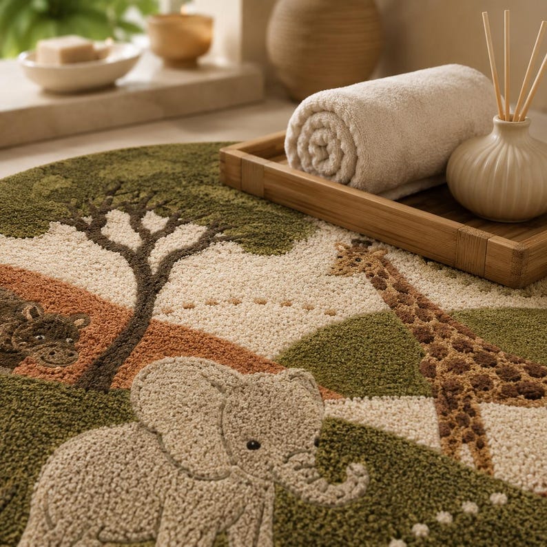 Round wool area rug hand-tufted with a safari scene of giraffes, zebras, an elephant, and acacia trees on a green and tan landscape.