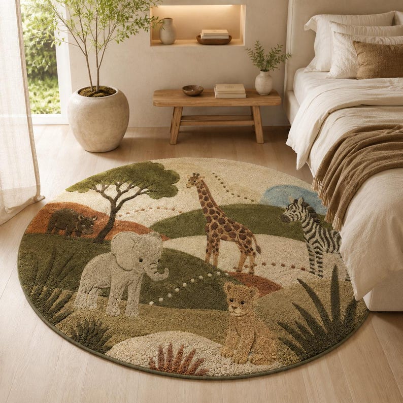 Round wool area rug hand-tufted with a safari scene of giraffes, zebras, an elephant, and acacia trees on a green and tan landscape.