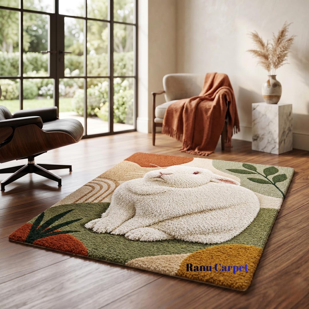 Hand Tufted Bunny Animal Rug | Custom Botanical Sage Carpet | Handmade ...