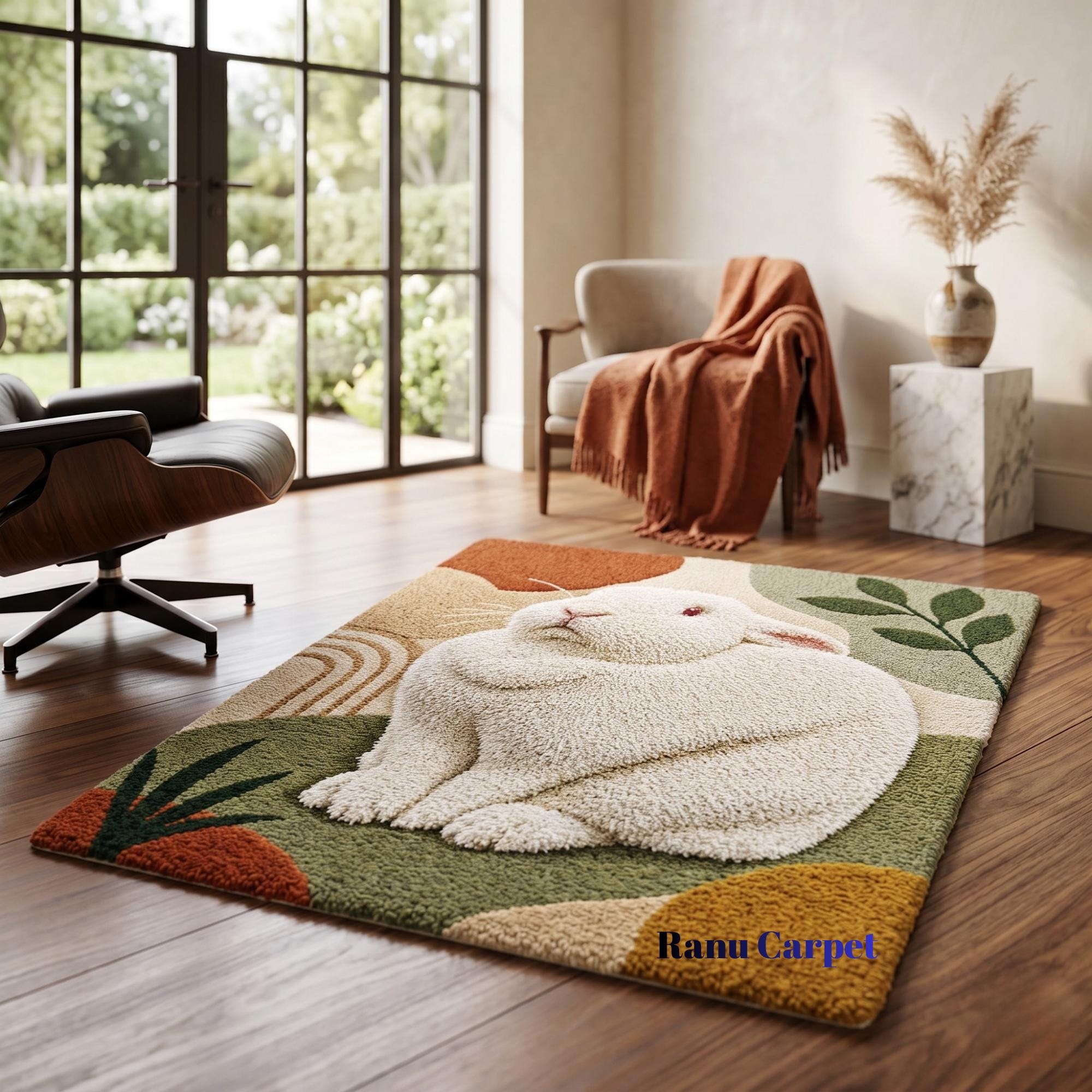 Hand Tufted Bunny Animal Rug | Custom Botanical Sage Carpet | Handmade ...