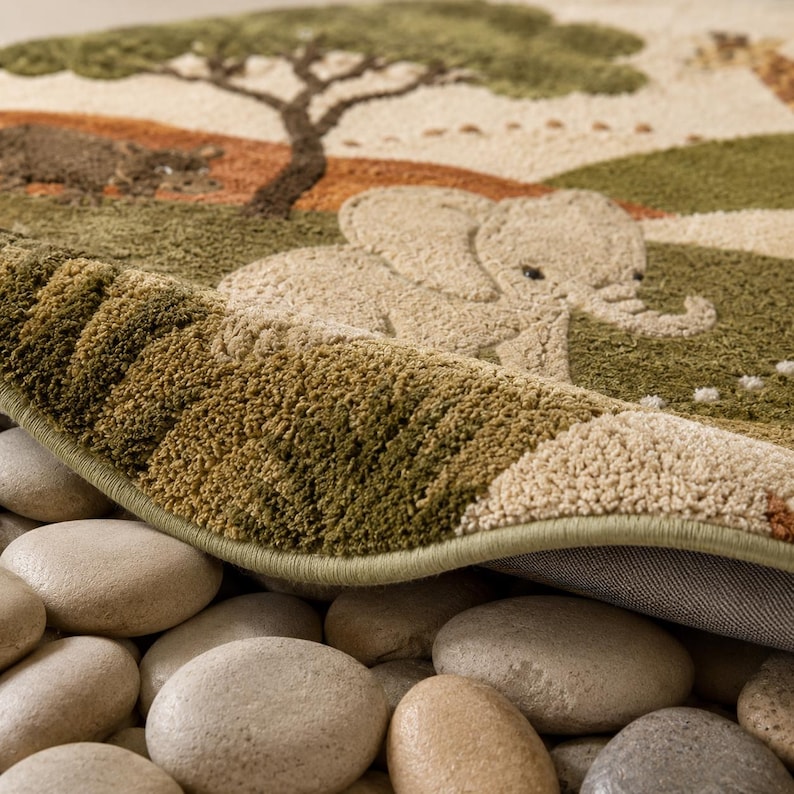Round wool area rug hand-tufted with a safari scene of giraffes, zebras, an elephant, and acacia trees on a green and tan landscape.