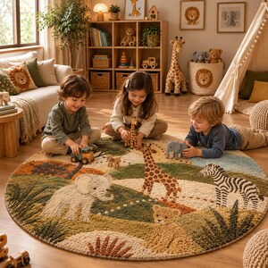Round wool area rug hand-tufted with a safari scene of giraffes, zebras, an elephant, and acacia trees on a green and tan landscape.