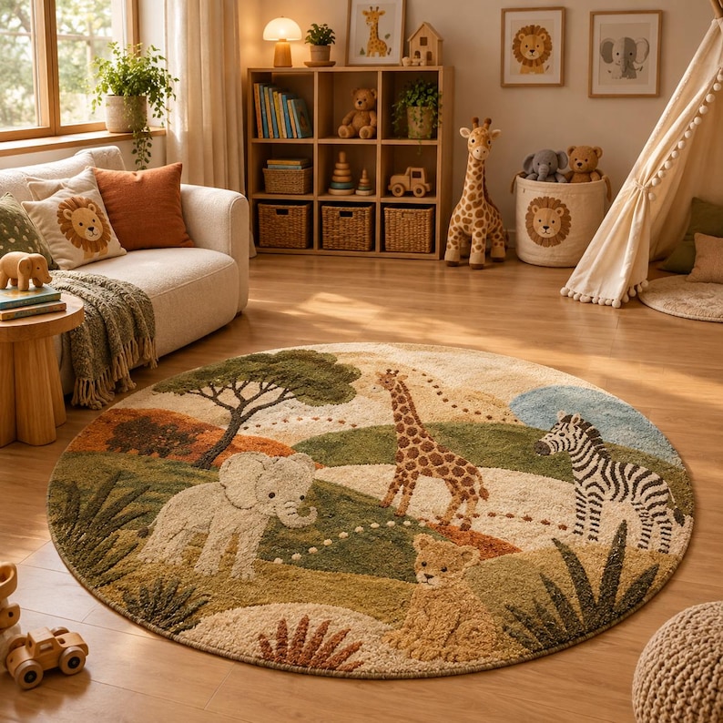 Round wool area rug hand-tufted with a safari scene of giraffes, zebras, an elephant, and acacia trees on a green and tan landscape.