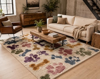 Kids Room Rug | Colorful Paw Print Rug | Soft Wool Bedroom Decor