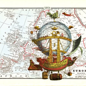 LIMITED Airship Hot Air Balloon Travel Art Print on Vintage Victorian Map Steampunk Poster image 2