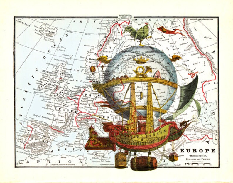 LIMITED Airship Hot Air Balloon Travel Art Print on Vintage Victorian Map Steampunk Poster image 2