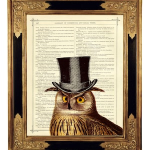 Steampunk Owl Dictionary Art Gentleman Top Hat Poster Print - Vintage Victorian Book Page Art Print Woodland Animal