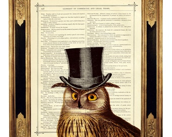 Steampunk Owl Dictionary Art Gentleman Top Hat Poster Print - Vintage Victorian Book Page Art Print Woodland Animal