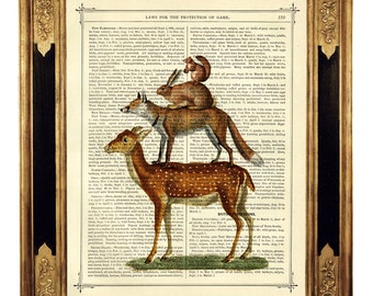 Wald Tiere Druck Bild Reh Fuchs Hase Eichhörnchen - Kunstdruck auf antiker viktorianischer Buchseite Steampunk Bremer Stadtmusikanten Poster