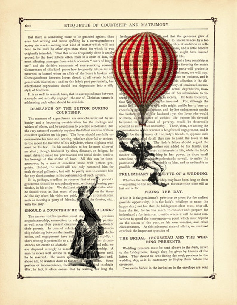 Couple Lady Gentleman Hot Air Balloon Love Vintage Victorian Book Page Art Print Steampunk Valentine's Day image 2