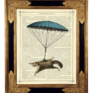 Fliegendes Eichhörnchen Bild Druck blauer Fallschirm Steampunk - Kunstdruck auf antiker viktorianischer Buchseite Kinderzimmer Poster