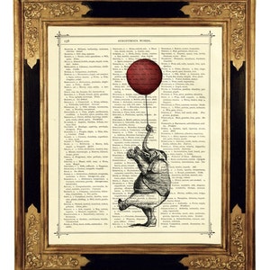 Elephant Art Print red Balloon Dictionary - Vintage Victorian Book Page Steampunk Wall Poster Birthday Gift Nursery