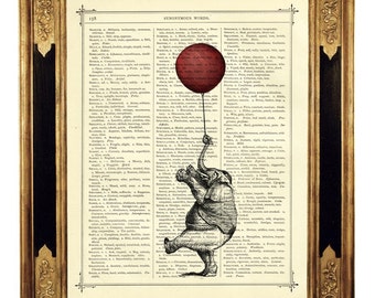 Olifant Art Print rode ballon woordenboek - Vintage Victoriaanse boekenpagina Steampunk muurposter verjaardagscadeau kwekerij