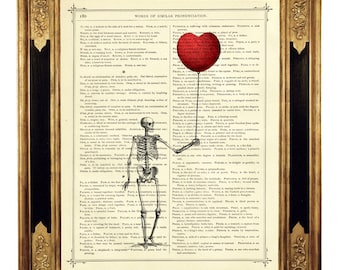 Cartel esqueleto corazón globo gótico Halloween día de San Valentín regalo de cumpleaños Academia oscura - Vintage libro victoriano página arte impresión Steampunk