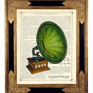 Green Gramophone Image Music Player Poster Dictionary Dark Academia - Steampunk Vintage Victorian Book Page Art Print