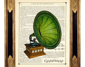 Gramophone vert Image lecteur de musique affiche dictionnaire Dark Academia - Page de livre victorienne vintage steampunk Impression artistique