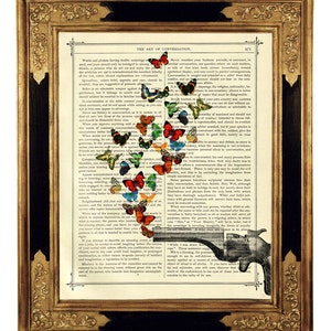 Butterflies Picture Revolver Gun Rifle Peace Love Dictionary Vintage Victorian Book Page Art Print Steampunk Poster Butterfly image 1