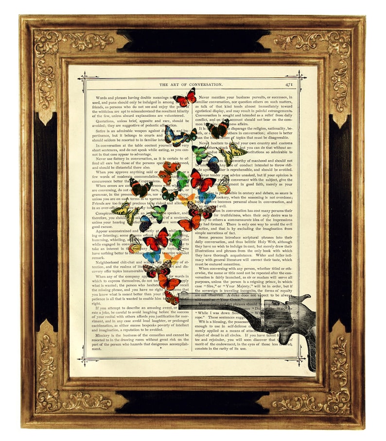 Butterflies Picture Revolver Gun Rifle Peace Love Dictionary Vintage Victorian Book Page Art Print Steampunk Poster Butterfly image 1