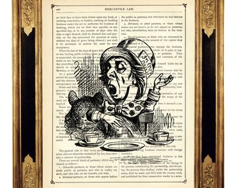 Alice im Wunderland Kunstdruck der verrückte Hutmacher Teeparty Poster - Steampunk Druck auf antiker viktorianischer Buchseite sw