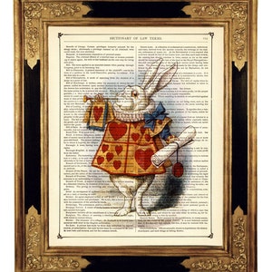 Alice in Wonderland Art Print The White Rabbit Trumpet Hearts - Vintage Victorian Dictionary Book Page Nursery Art Print Steampunk color