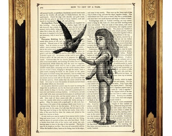 Mechanische Girl Doll Woordenboek Vogel Robot Raven Crow Poster Gothic Dark Academia - Vintage Victoriaanse boekpagina Art Print Steampunk