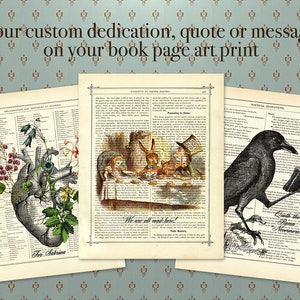 May include: Three vintage book pages with illustrations. The first page features a heart with flowers and the text "For Sabrina". The second page shows a scene from Alice in Wonderland with the text "We are all mad here!" The third page features a raven reading a book with the text "Quoth the Raven, "Nevermore."