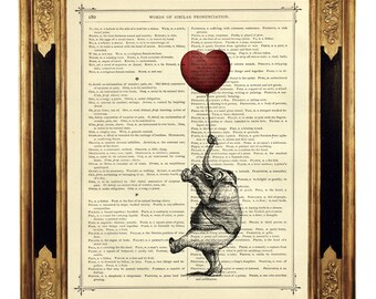 Elefant Kunstdruck roter Herz Luftballon Geburtstag Valentinstag Poster - Steampunk Druck auf antiker viktorianischer Buchseite