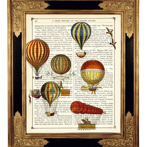 Colorful Airship Balloons II Wall Decoration - Vintage Victorian Book Page Art Print Steampunk