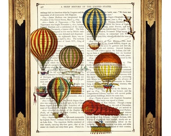 Décoration murale ballons dirigeables colorés II - page de livre victorienne vintage impression d'art Steampunk