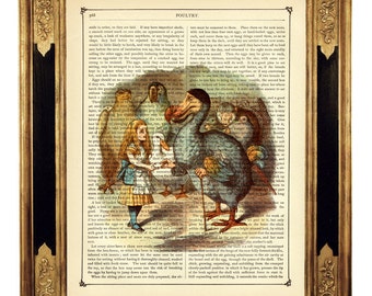 Alice im Wunderland Kunstdruck Dodo Vogel Kinderzimmer Poster - Steampunk Druck auf antiker viktorianischer Buchseite