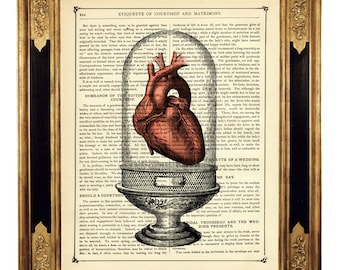 Anatomisches Herz Glasdom Kunstdruck Gothic Valentinstag - Steampunk Druck auf antiker viktorianischer Buchseite