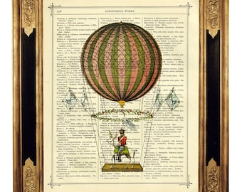 Dirigível balão de ar quente II Cottagecore - página de livro vitoriano vintage impressão artística Steampunk