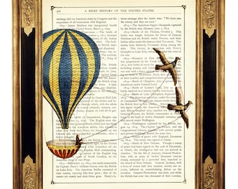Steampunk Airship Art Print Balão de ar quente Pássaros Shabby Chic - Vintage Victorian Book Page Art Print Steampunk Image Poster Dicionário Arte